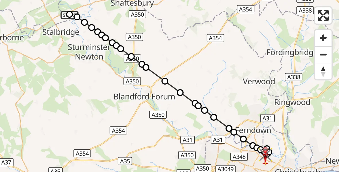 Flight route Air Ambulance Helicopter Henstridge Airfield - Bournemouth, 20 October 2026, 20:25