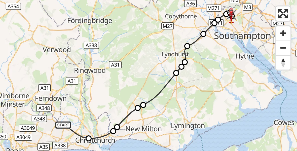 Flight route Air Ambulance Helicopter Bournemouth - University Hospital Southampton, 20 October 2026, 21:23
