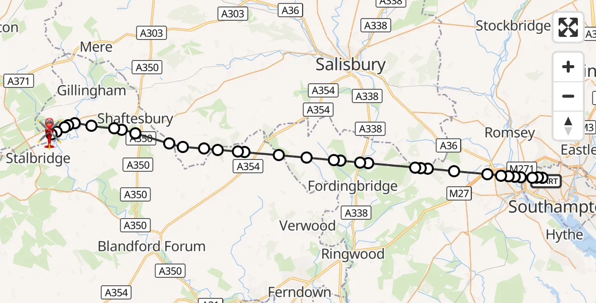 Flight route Air Ambulance Helicopter University Hospital Southampton - Henstridge Airfield, 20 October 2026, 22:18