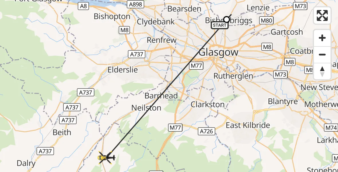 Flight route Police Helicopter Glasgow - Dunlop, 20 October 2026, 23:10