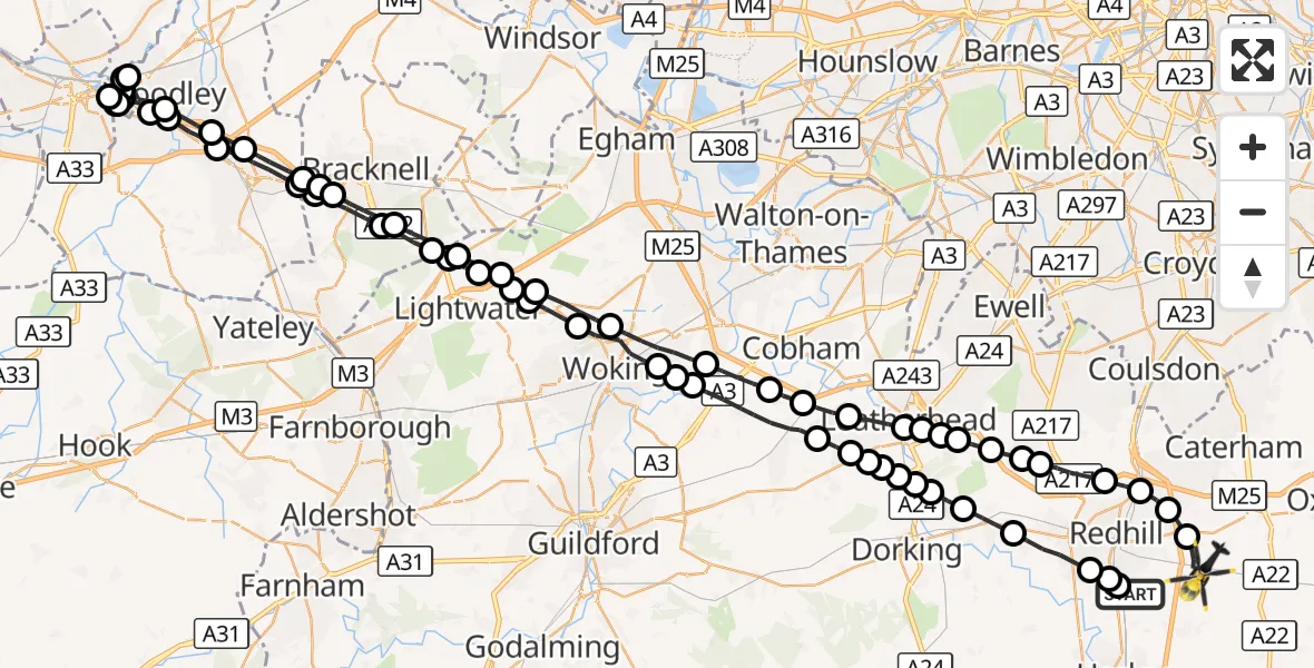 Flight route Police Helicopter Salfords - Bletchingley, 21 October 2026, 00:45