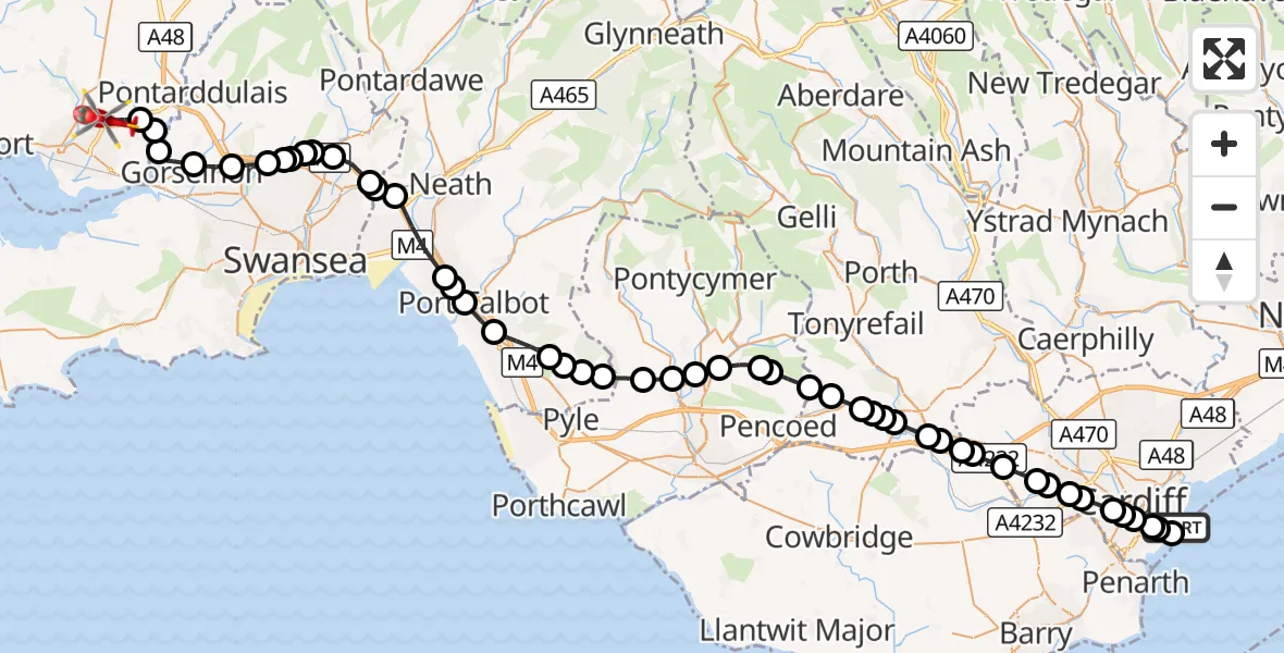 Flight route Air Ambulance Helicopter Cardiff Heliport - Dafen, 21 October 2026, 06:33