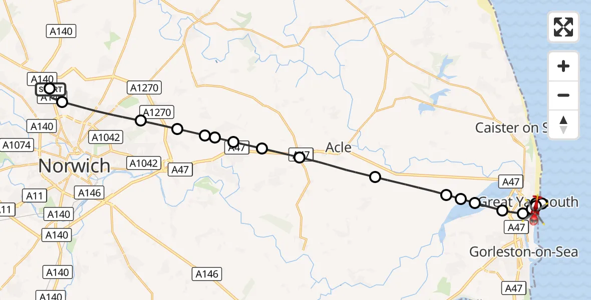 Flight route Air Ambulance Helicopter Norwich Airport - Gorleston-on-Sea, 21 October 2026, 06:56