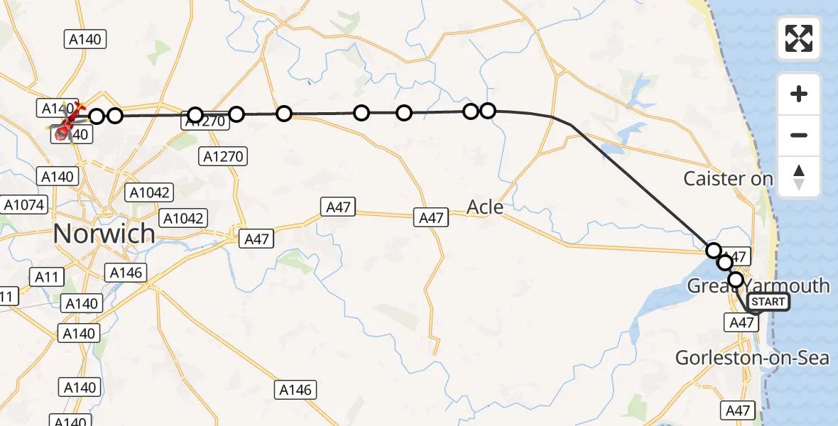 Flight route Air Ambulance Helicopter Gorleston-on-Sea - Norwich Airport, 21 October 2026, 07:12
