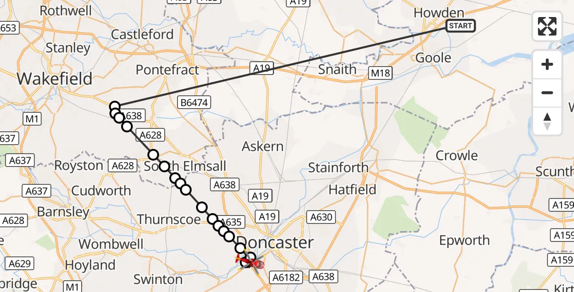 Flight route Air Ambulance Helicopter Balkholme - Sprotbrough, 21 October 2026, 07:42