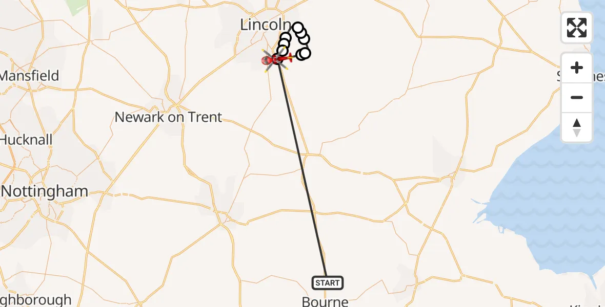 Flight route Air Ambulance Helicopter Morton - North Kesteven, 21 October 2026, 07:46