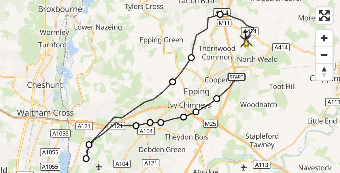 Flight route Police Helicopter Coopersale - North Weald Airfield, 21 October 2026, 07:50