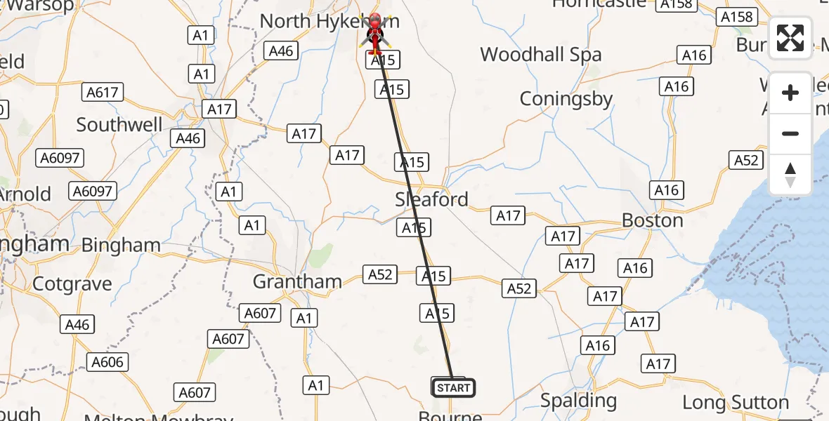 Flight route Air Ambulance Helicopter Morton - North Kesteven, 21 October 2026, 07:56