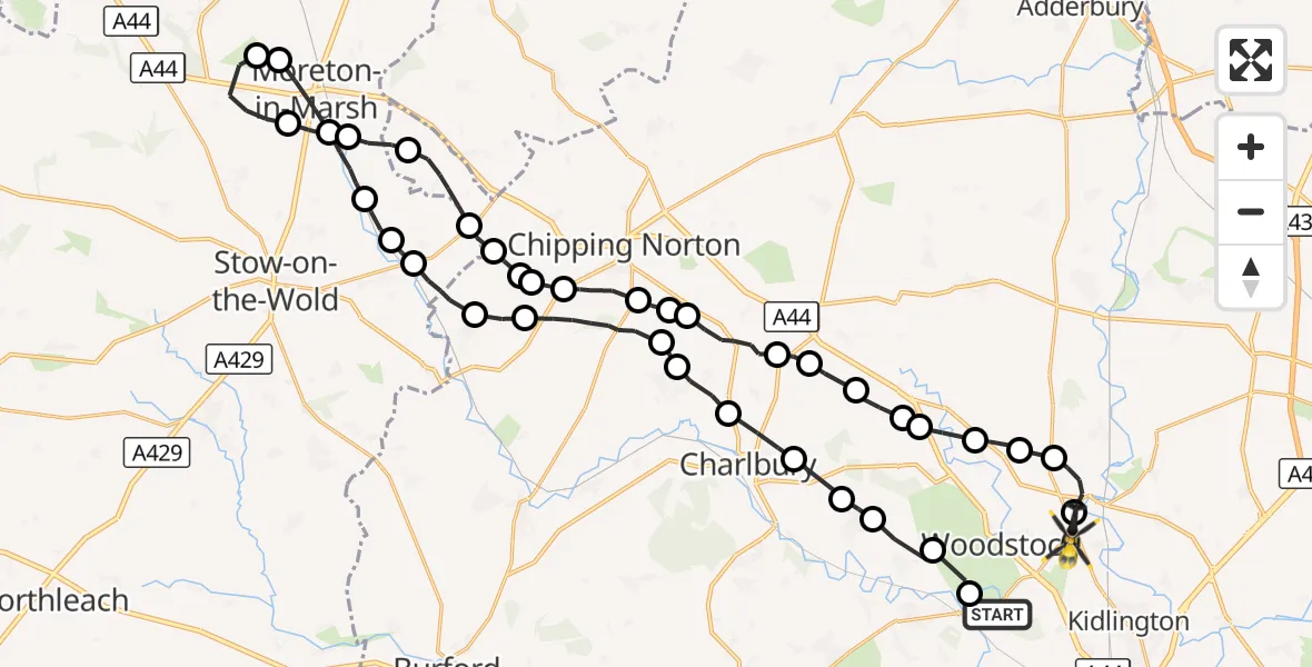 Flight route Police Helicopter Bladon - Shipton-on-Cherwell, 21 October 2026, 07:57