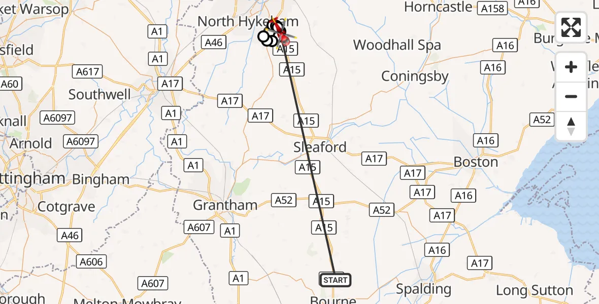 Flight route Air Ambulance Helicopter Morton - North Kesteven, 21 October 2026, 08:09