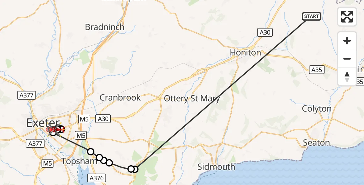 Flight route Air Ambulance Helicopter Stockland - Royal Devon & Exeter Hospital, 21 October 2026, 08:20