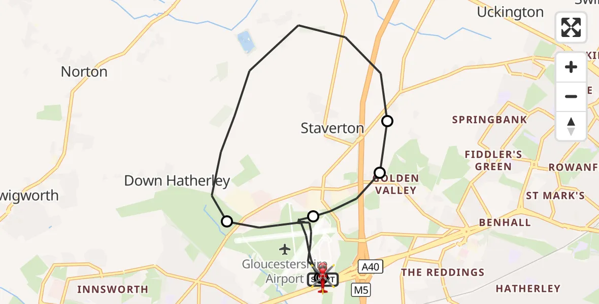 Flight route Air Ambulance Helicopter Gloucestershire Airport - Tewkesbury, 21 October 2026, 08:21