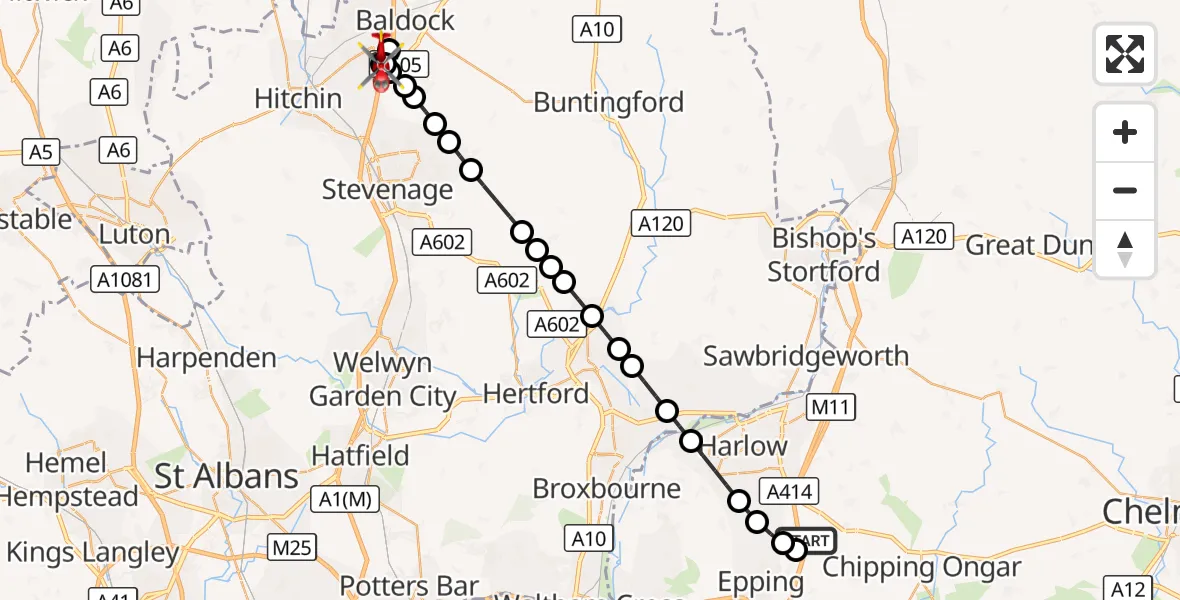 Flight route Air Ambulance Helicopter North Weald Airfield - Letchworth, 21 October 2026, 08:22