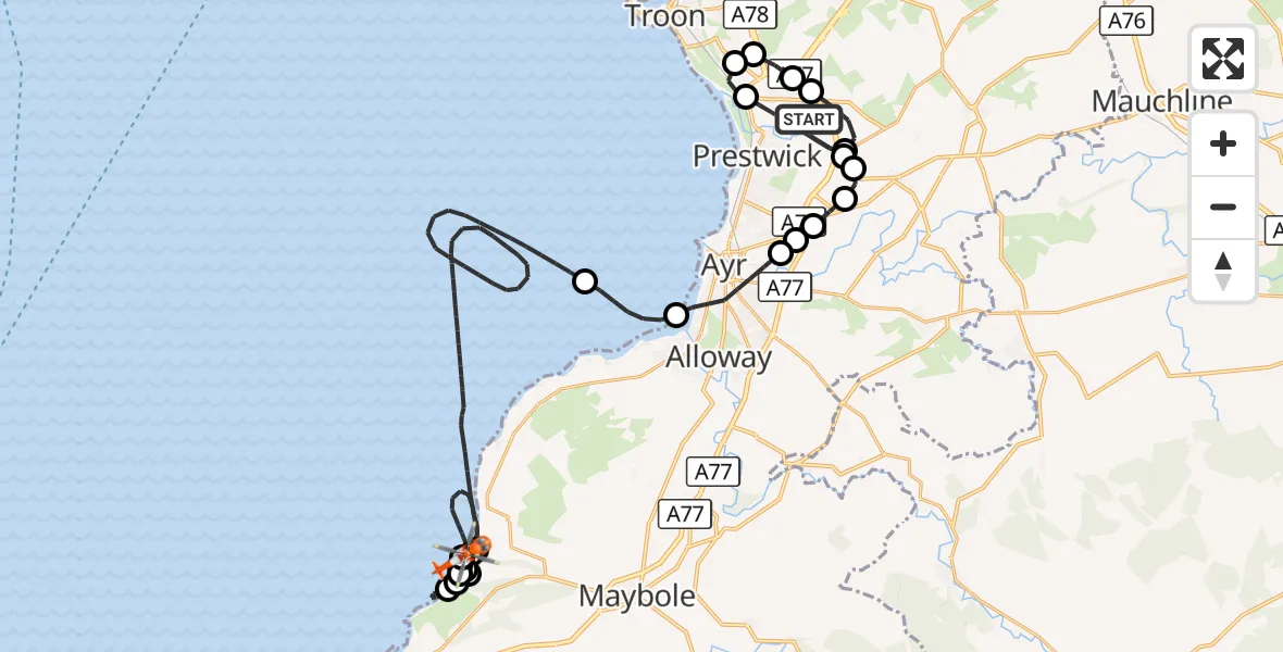 Flight route Coastguard Helicopter Glasgow Prestwick Airport - Inner Seas, 21 October 2026, 08:57