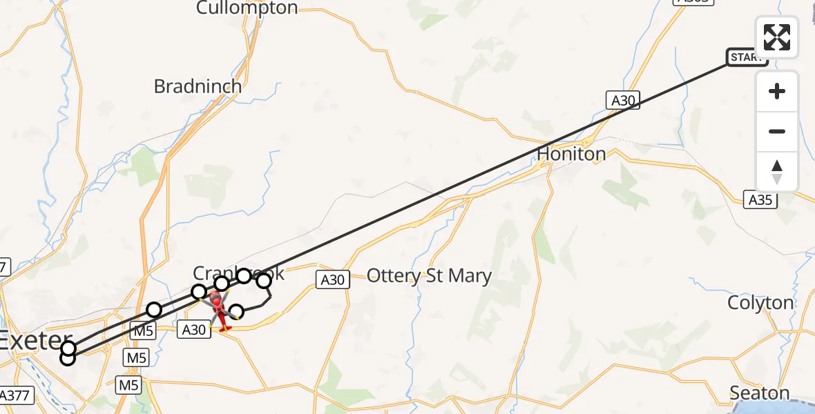 Flight route Air Ambulance Helicopter Stockland - Exeter International Airport, 21 October 2026, 09:10