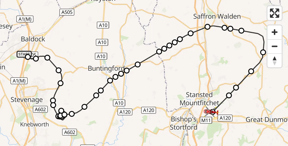 Flight route Air Ambulance Helicopter Letchworth - London Stansted Airport, 21 October 2026, 09:25