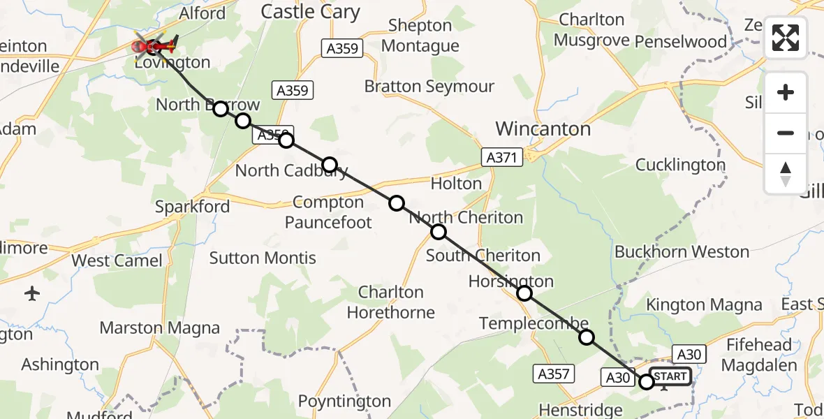 Flight route Air Ambulance Helicopter Henstridge Airfield - Lovington, 21 October 2026, 09:39
