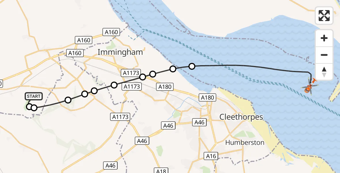 Flight route Coastguard Helicopter Humberside Airport - North Sea, 21 October 2026, 09:59