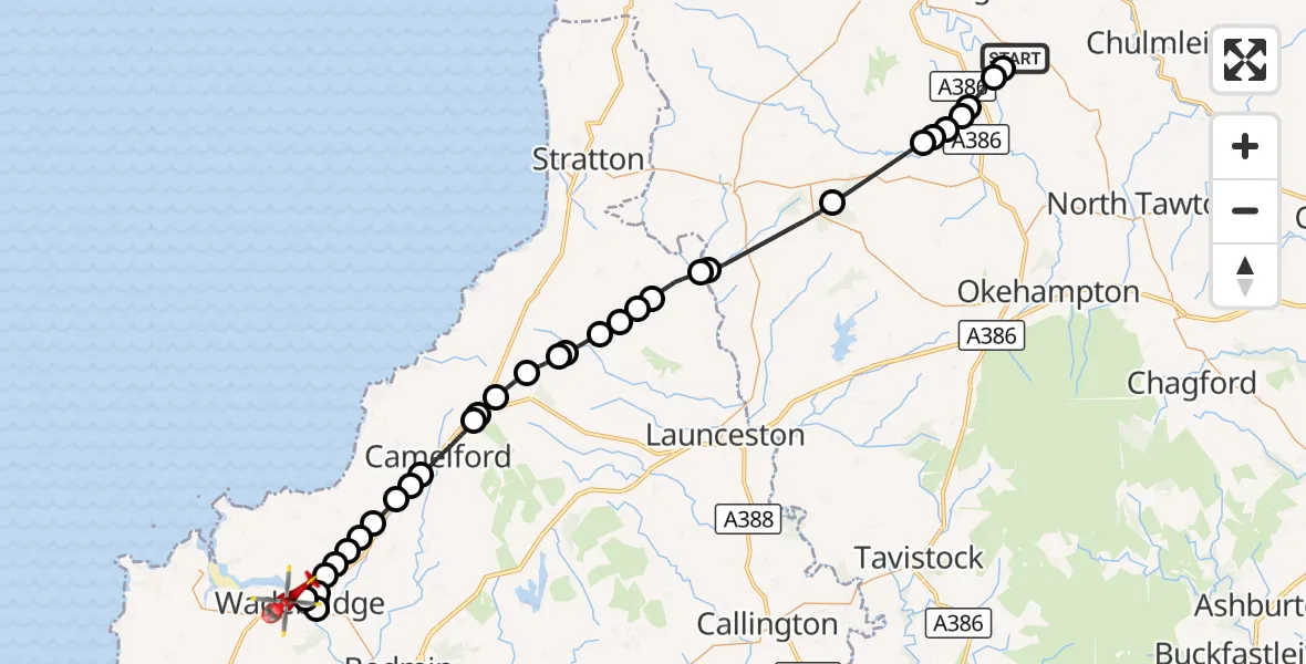 Flight route Air Ambulance Helicopter Dolton - Wadebridge, 21 October 2026, 10:08