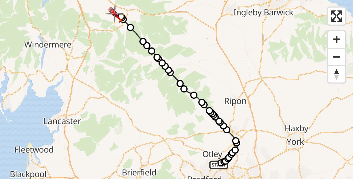 Flight route Air Ambulance Helicopter Leeds Bradford Airport - Soulby, 21 October 2026, 10:16