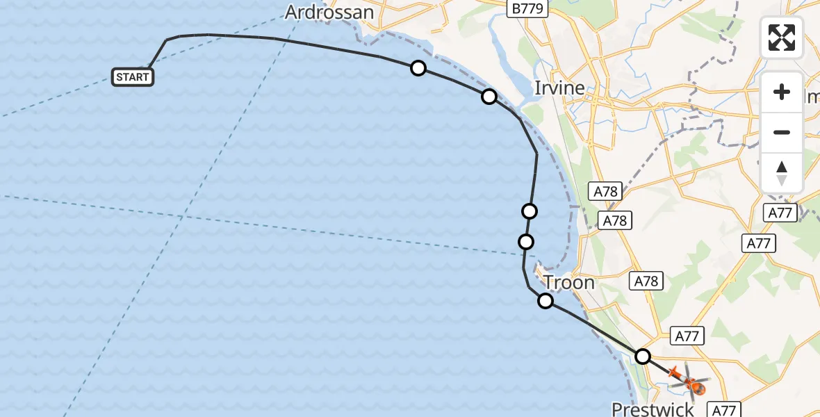 Flight route Coastguard Helicopter Inner Seas - Glasgow Prestwick Airport, 21 October 2026, 10:29