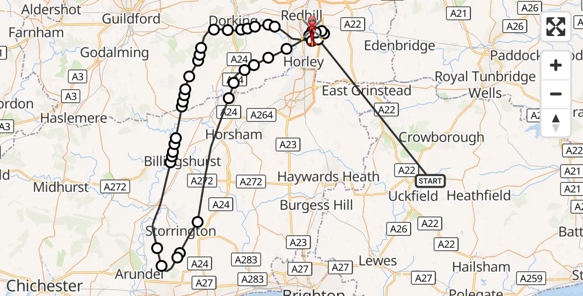 Flight route Air Ambulance Helicopter Buxted - Redhill Aerodrome, 21 October 2026, 10:37