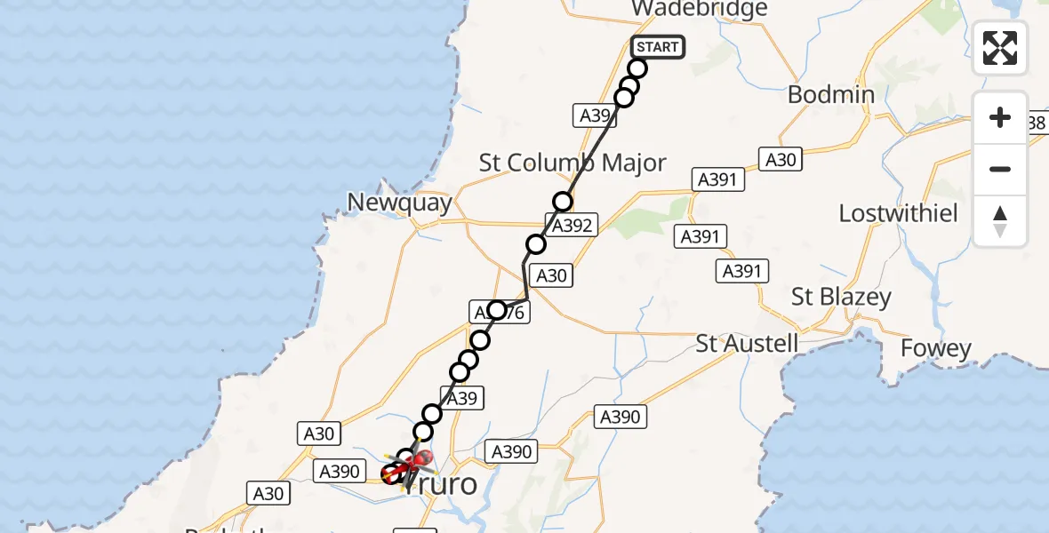 Flight route Air Ambulance Helicopter St. Breock - Treliske, 21 October 2026, 10:57