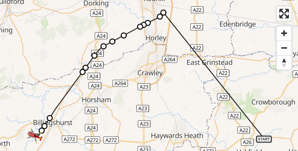 Flight route Air Ambulance Helicopter Buxted - Horsham, 21 October 2026, 11:13