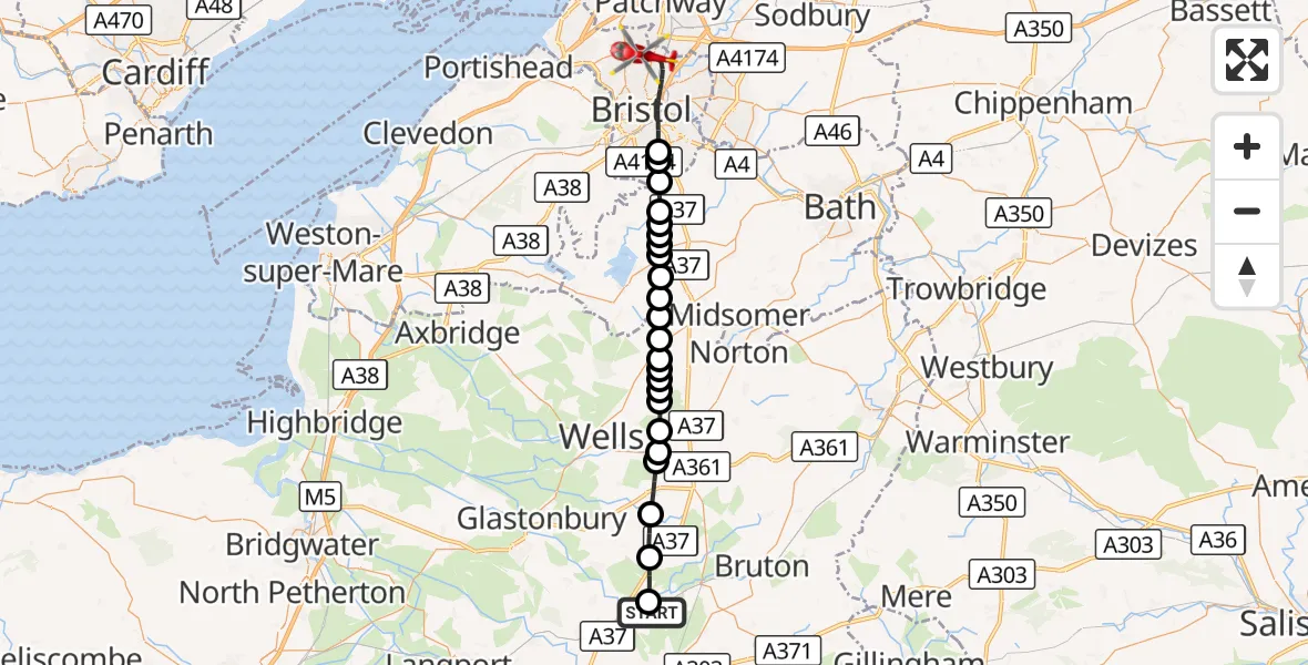 Flight route Air Ambulance Helicopter Lovington - Bristol, 21 October 2026, 11:22