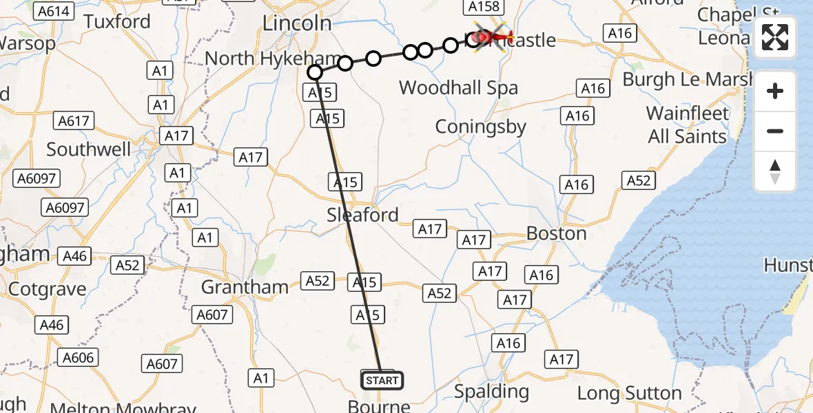 Flight route Air Ambulance Helicopter Morton - Thimbleby, 21 October 2026, 11:30