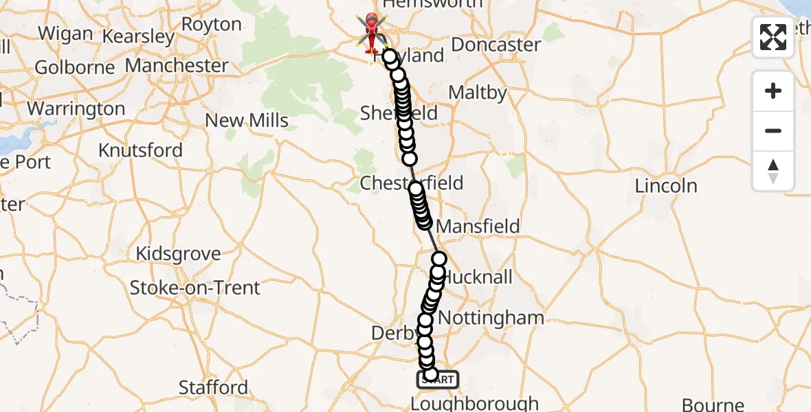 Flight route Air Ambulance Helicopter East Midlands Airport - Barnsley, 21 October 2026, 11:36