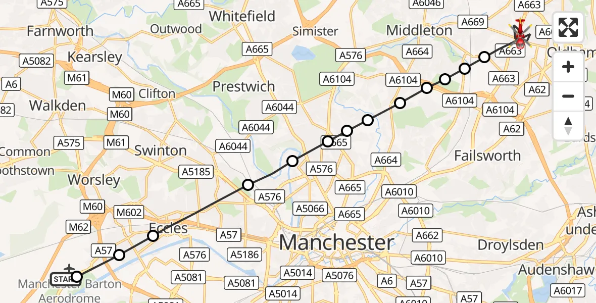 Flight route Air Ambulance Helicopter Manchester Barton Aerodrome - Chadderton, 21 October 2026, 11:42