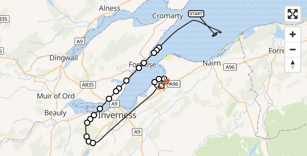 Flight route Coastguard Helicopter North Sea - Inverness Airport, 21 October 2026, 11:56