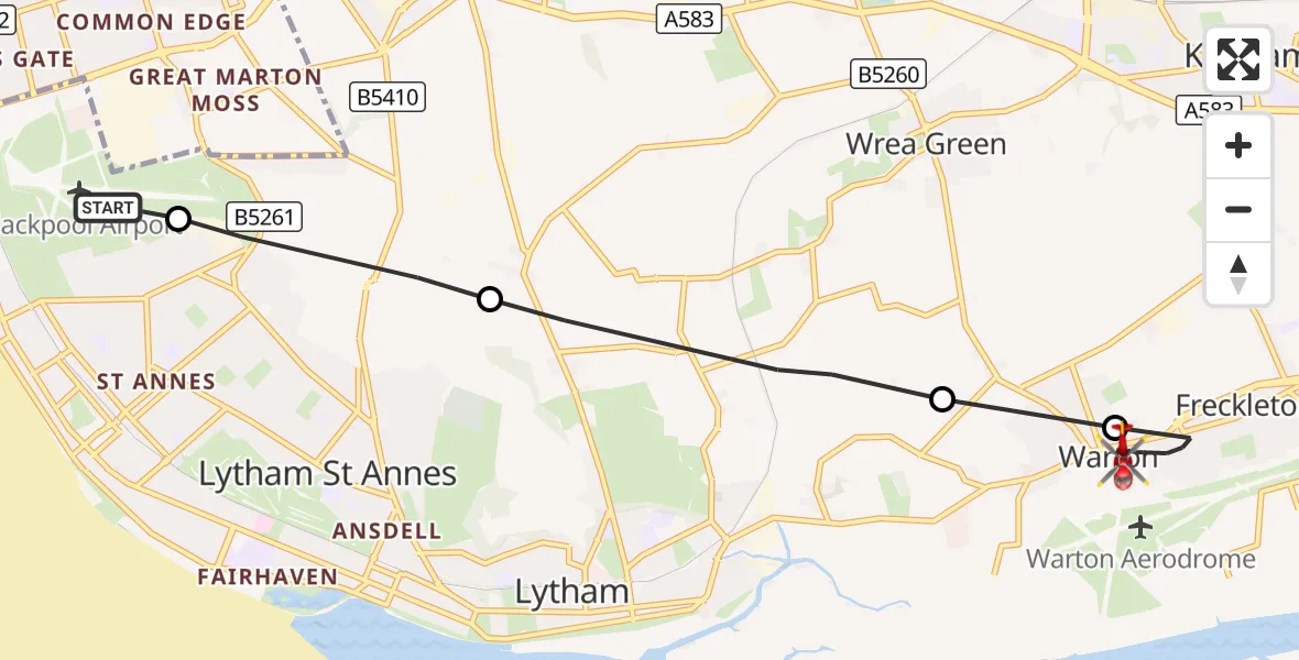 Flight route Air Ambulance Helicopter Blackpool Airport - Warton Aerodrome, 21 October 2026, 12:00