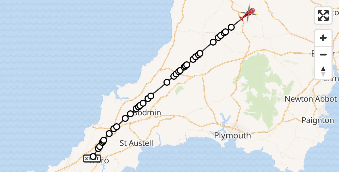 Flight route Air Ambulance Helicopter Treliske - Dolton, 21 October 2026, 12:04