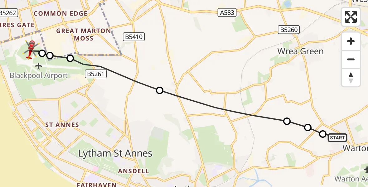 Flight route Air Ambulance Helicopter Warton Aerodrome - Blackpool Airport, 21 October 2026, 12:21