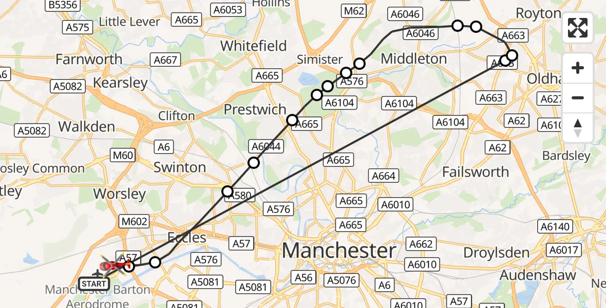 Flight route Air Ambulance Helicopter Manchester Barton Aerodrome - Irlam, 21 October 2026, 12:26