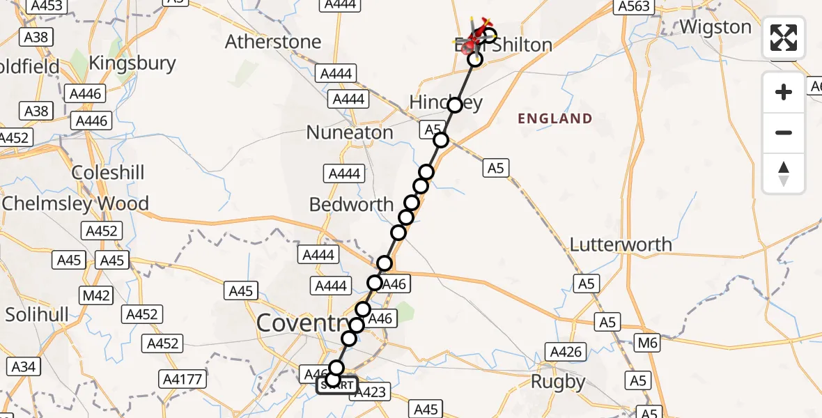 Flight route Air Ambulance Helicopter Coventry Airport - Kirkby Mallory, 21 October 2026, 12:27