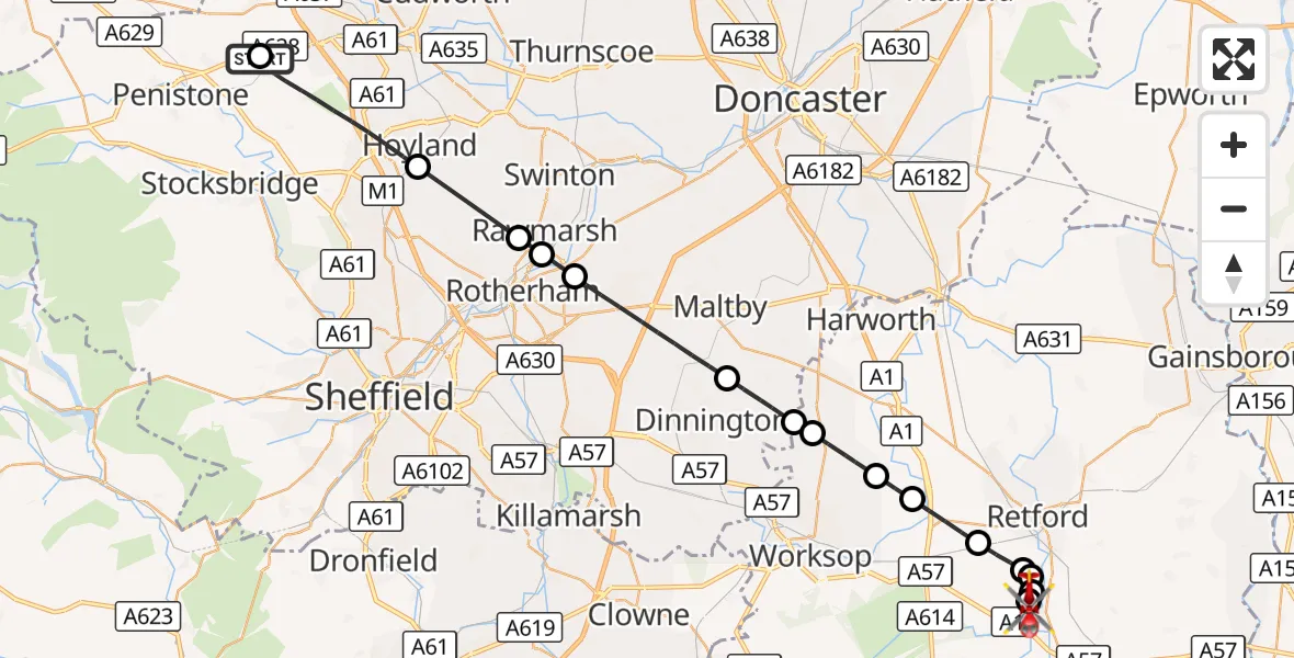 Flight route Air Ambulance Helicopter Barnsley - Retford Gamston Airport, 21 October 2026, 12:27