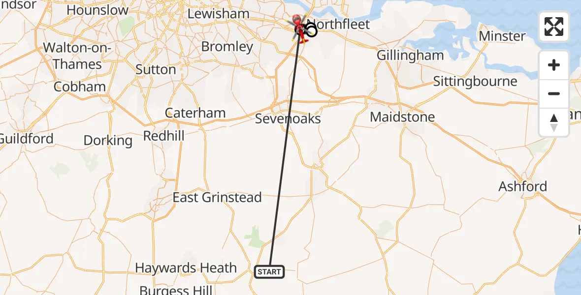 Flight route Air Ambulance Helicopter Buxted - Dartford, 21 October 2026, 12:45