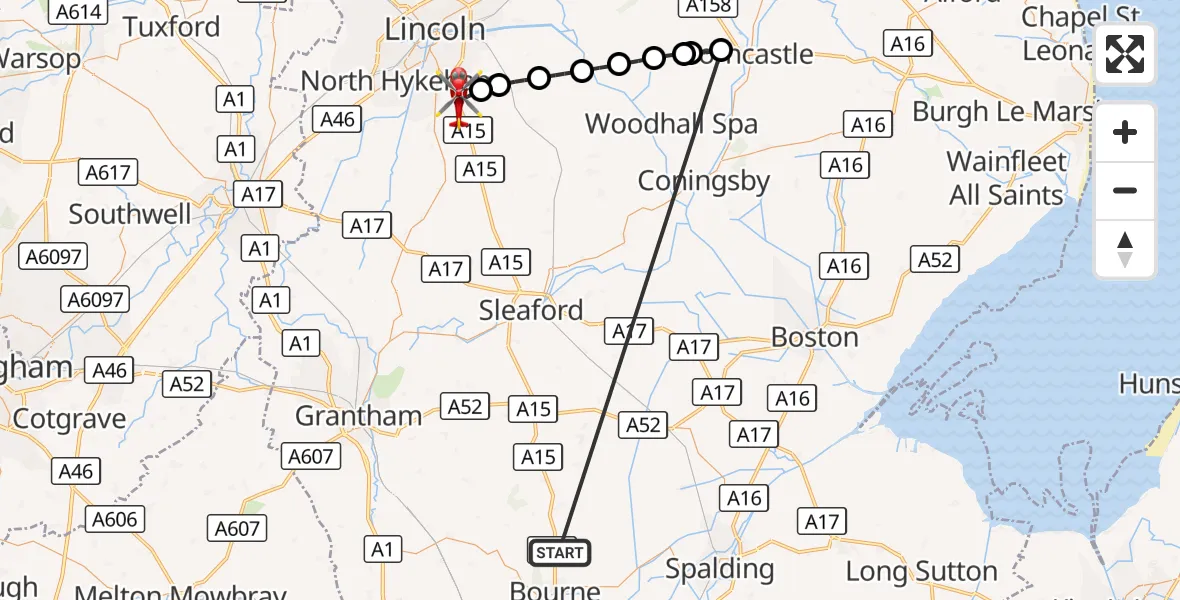 Flight route Air Ambulance Helicopter Morton - North Kesteven, 21 October 2026, 12:46