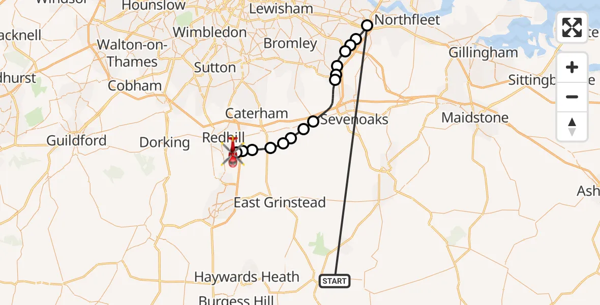 Flight route Air Ambulance Helicopter Buxted - Redhill Aerodrome, 21 October 2026, 12:58