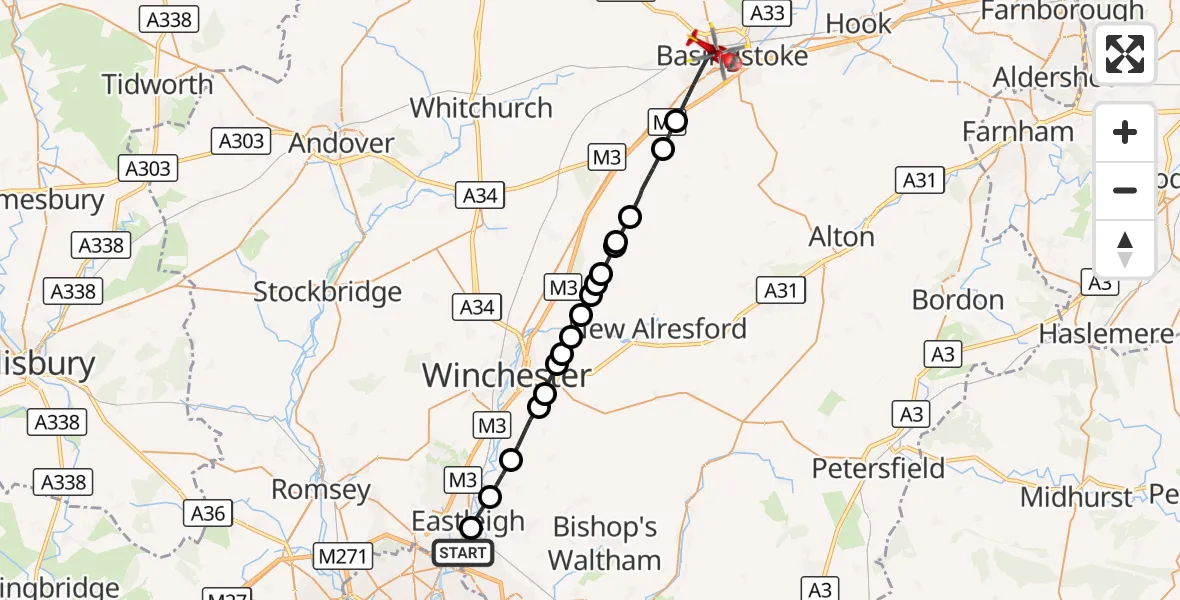 Flight route Air Ambulance Helicopter Southampton Airport - Basingstoke, 21 October 2026, 13:08