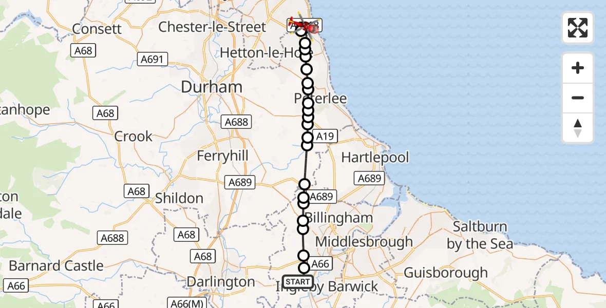 Flight route Air Ambulance Helicopter Egglescliffe - County Durham, 21 October 2026, 13:10