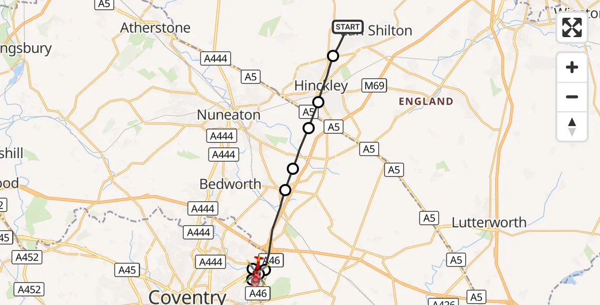 Flight route Air Ambulance Helicopter Barwell - Walsgrave, 21 October 2026, 13:30