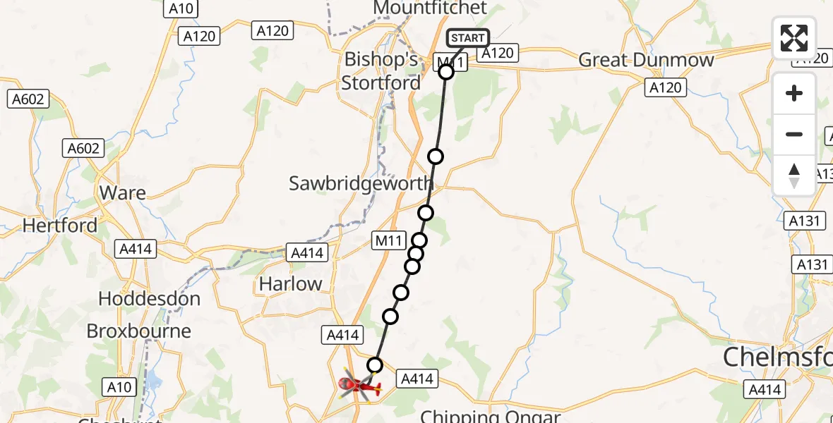 Flight route Air Ambulance Helicopter London Stansted Airport - North Weald Airfield, 21 October 2026, 13:34