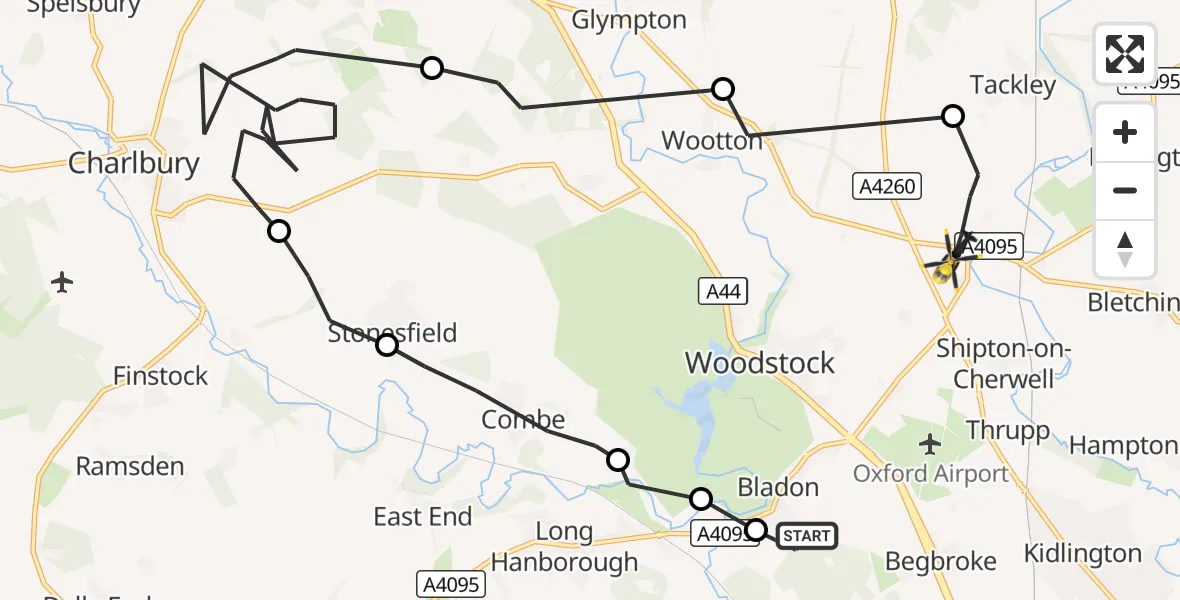 Flight route Police Helicopter Bladon - Tackley, 21 October 2026, 13:35