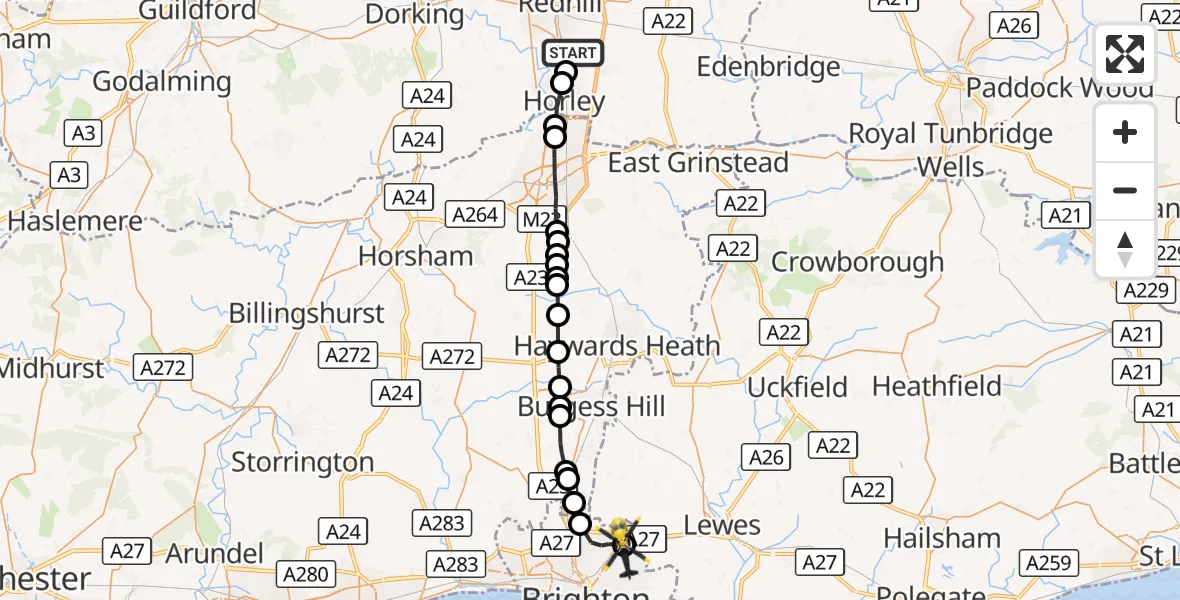 Flight route Police Helicopter Salfords - Stanmer, 21 October 2026, 13:51