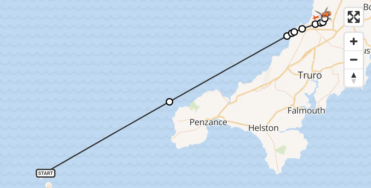 Flight route Coastguard Helicopter North Atlantic Ocean - Cornwall Airport Newquay, 21 October 2026, 14:00