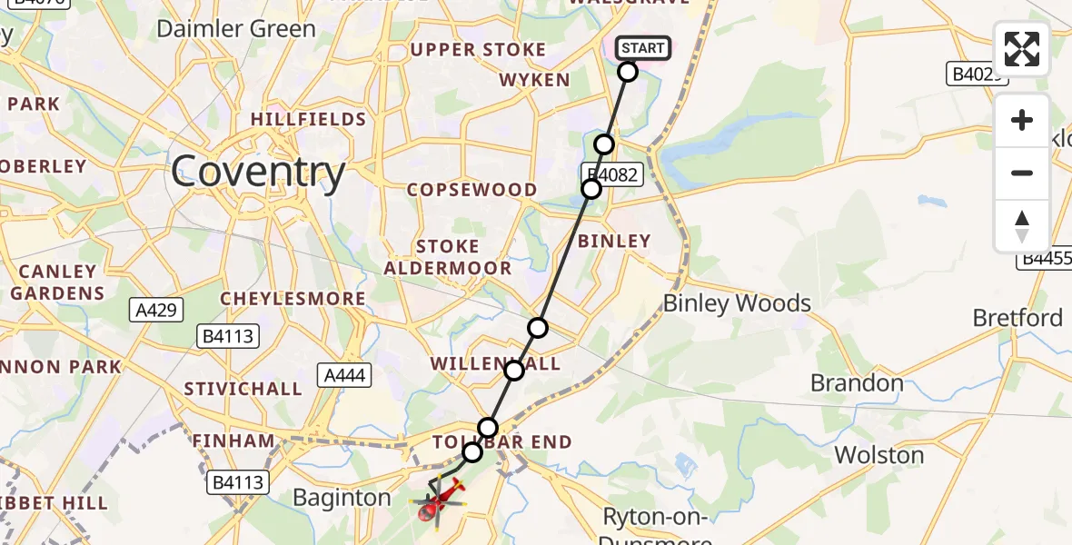 Flight route Air Ambulance Helicopter University Hospital Coventry - Coventry Airport, 21 October 2026, 14:08